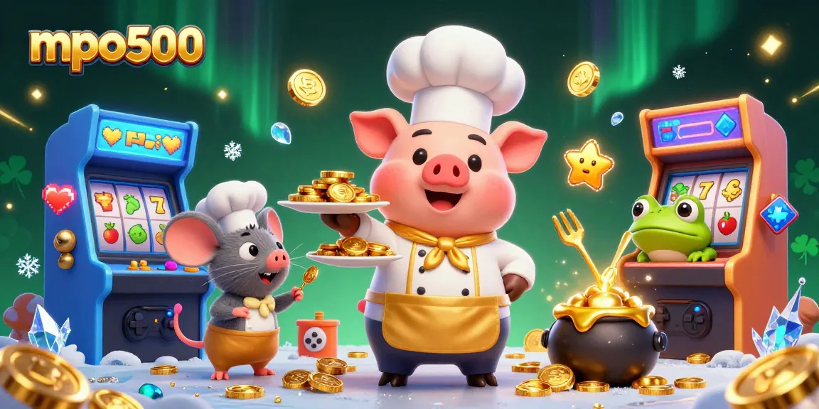 MPO500 invites players to enjoy an immersive gaming experience with a pig chef serving gold coins, reflecting dynamic casino excitement.