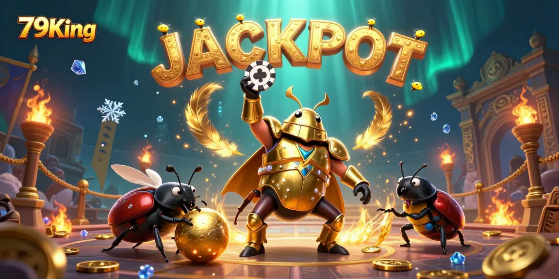 Experience excitement at 79King with a victorious beetle champion lifting poker chips amid festive casino elements.