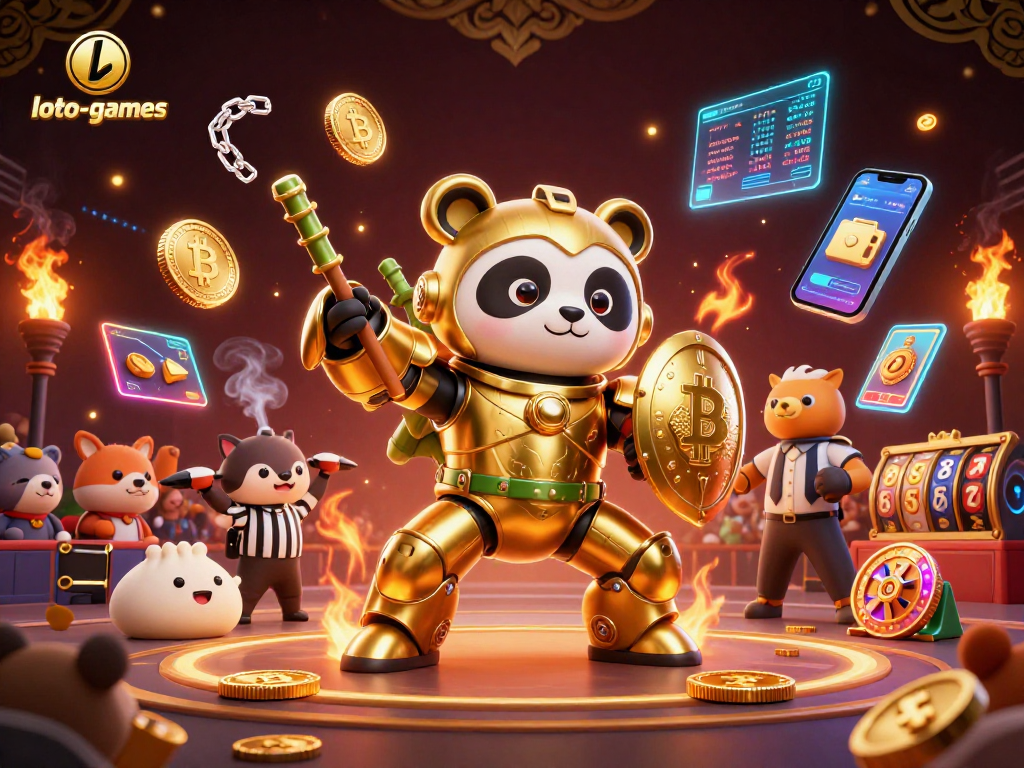 Engage with loto-games in an exciting arena with a golden panda robot and vibrant casino atmosphere.