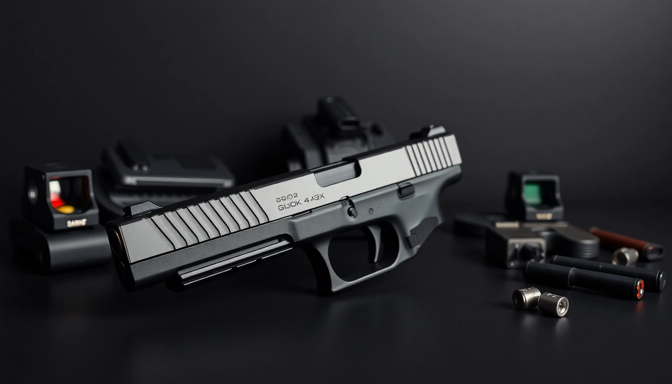 Showcase of a glock 43x slide featuring intricate details and accessories in a professional setup.