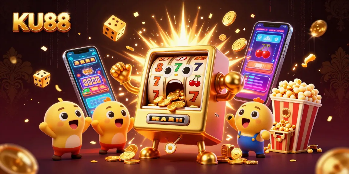 KU88 delights players with a vibrant scene of slot machines hitting jackpots amidst a cascade of coins.