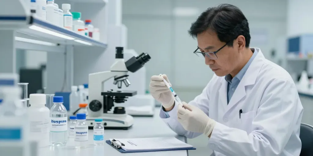 Pharmacist preparing Hospira bacteriostatic water in a clinical lab.