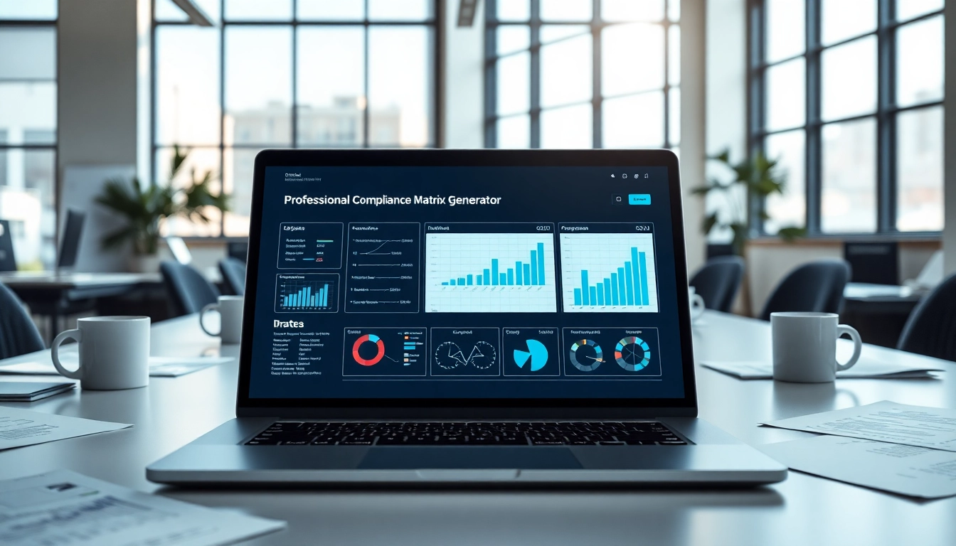 Showcasing a compliance matrix generator on a laptop, illustrating data organization in a sleek office.
