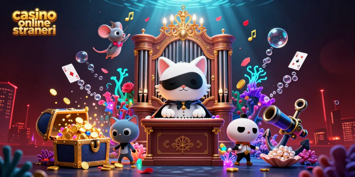 Scopri i giochi nei casino online stranieri con un gatto fantasma e un topo acrobatico in un'illustrazione vivace.