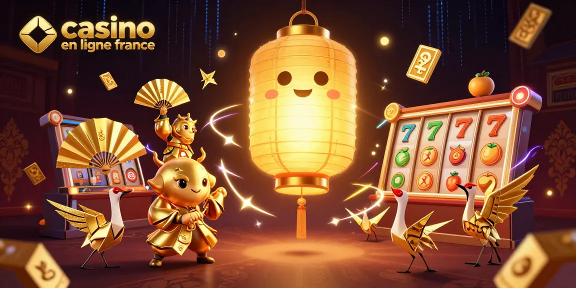 Jouer aux jeux de casino en ligne France avec des lanternes dorées et des guerriers en papier à travers un casino vibrant.
