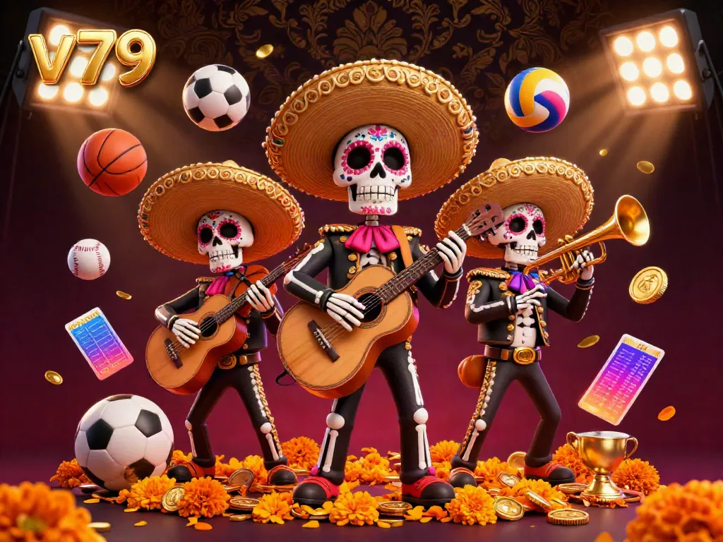 Engage in thrilling games at v79 with a lively mariachi band and sports elements in a vibrant casino setting.