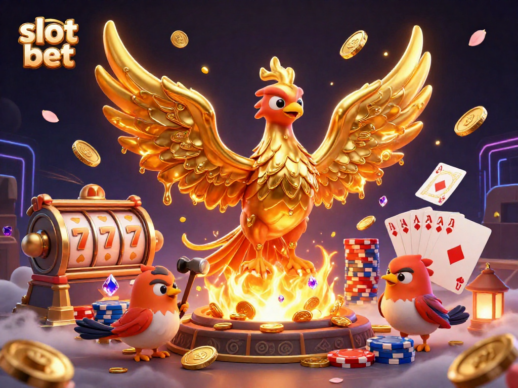Slot bet menghadirkan ilustrasi 3D menarik dengan phoenix emas dan simbol keberuntungan.