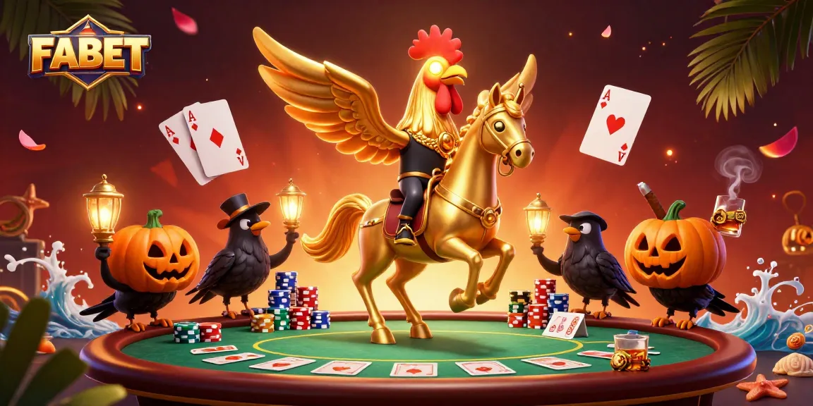 Experience excitement at FABET's midnight casino, featuring a golden rooster headless horseman and poker treasures.