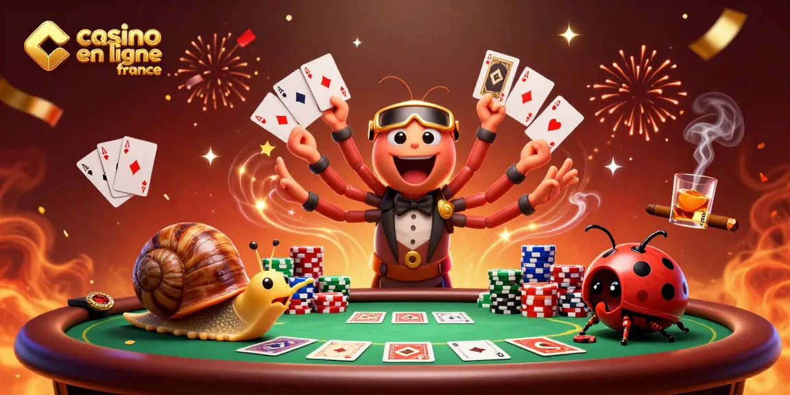 Illustrez l'adrénaline du jeu avec casino en ligne France, mettant en scène un dealer millipède et des enjeux palpitants.