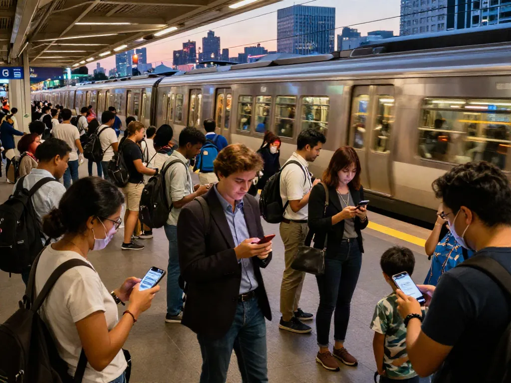 Commuters receiving Public Strikes updates at a busy train station.