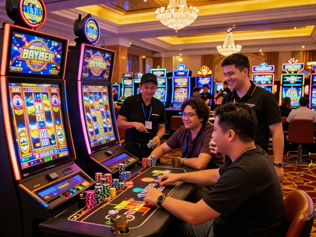 Players enjoying slot online gacor games in a lively casino atmosphere, showcasing excitement and engagement.