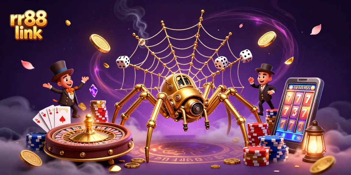 Experience rr88 link with a whimsical steampunk spider amidst a vibrant casino scene.