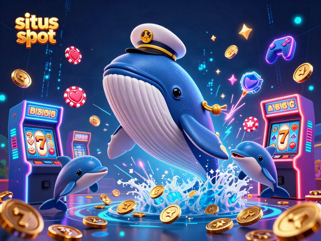 Experience the thrill of situs slot with a lively scene featuring a whale, narwhal, and dolphins surrounded by captivating slots.