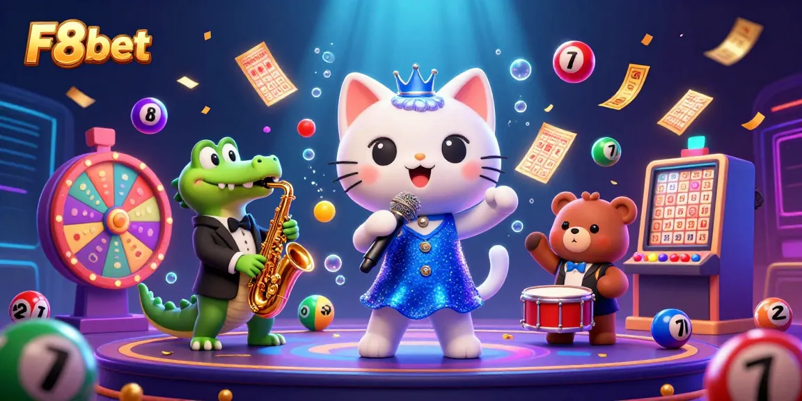 F8bet offers thrilling casino excitement featuring a jazz-singer cat and lively characters in a vibrant scene.