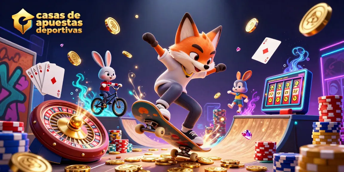 Disfruta de las casas de apuestas deportivas con personajes emocionantes en una escena llena de acción y elementos de casino.