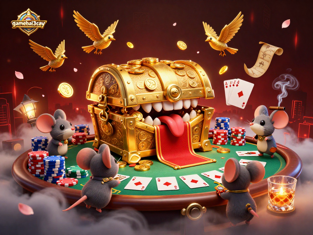 gamebai3cay showcases a treasure chest lure with poker elements in a vibrant casino setting