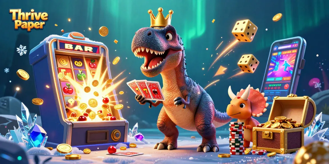 Thrive Paper reveals a vibrant casino scene with a T-Rex and friends shuffling cards and stacking chips.