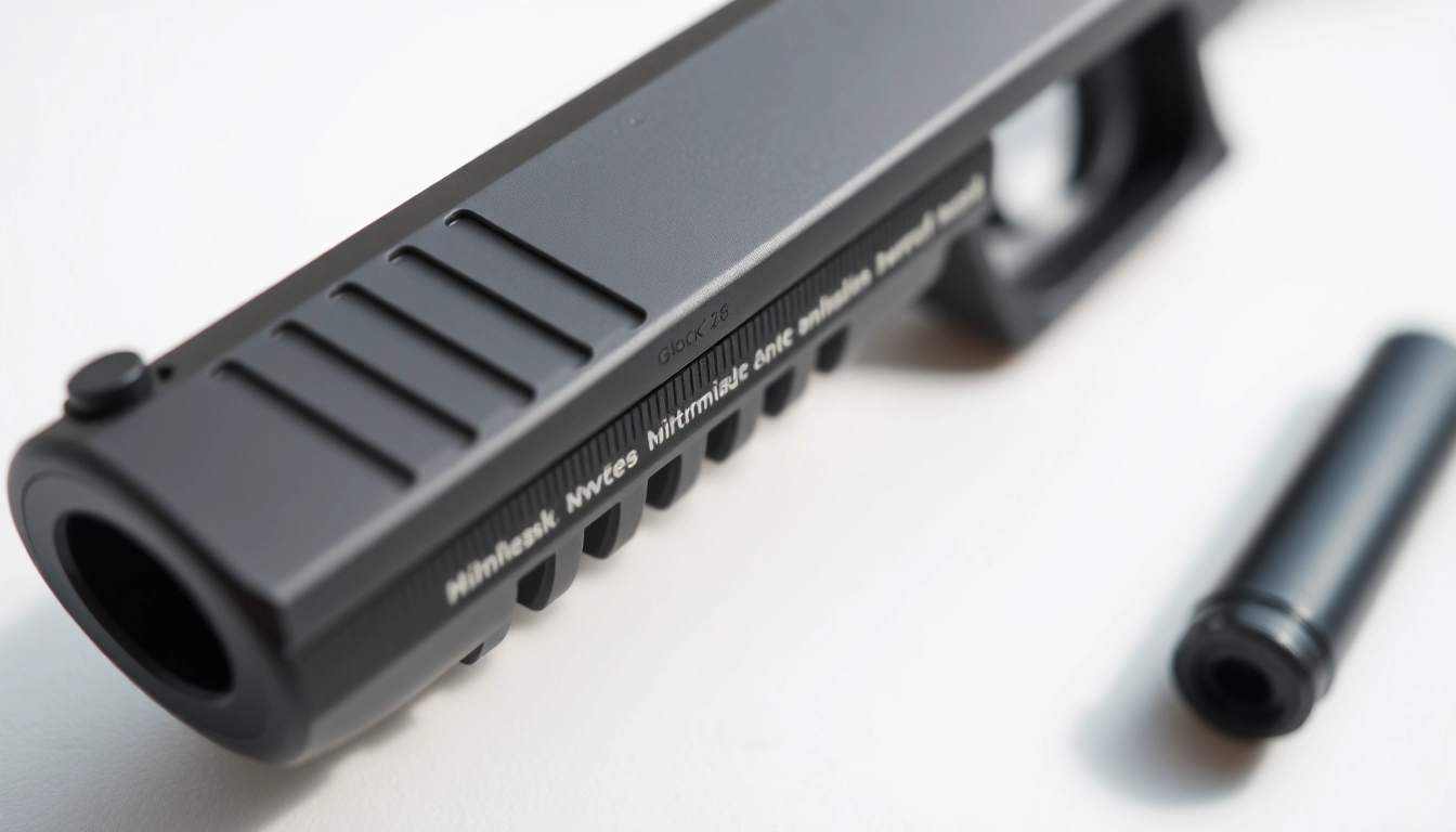 Glock 26 slide oem showcased with sleek detail on a bright background.