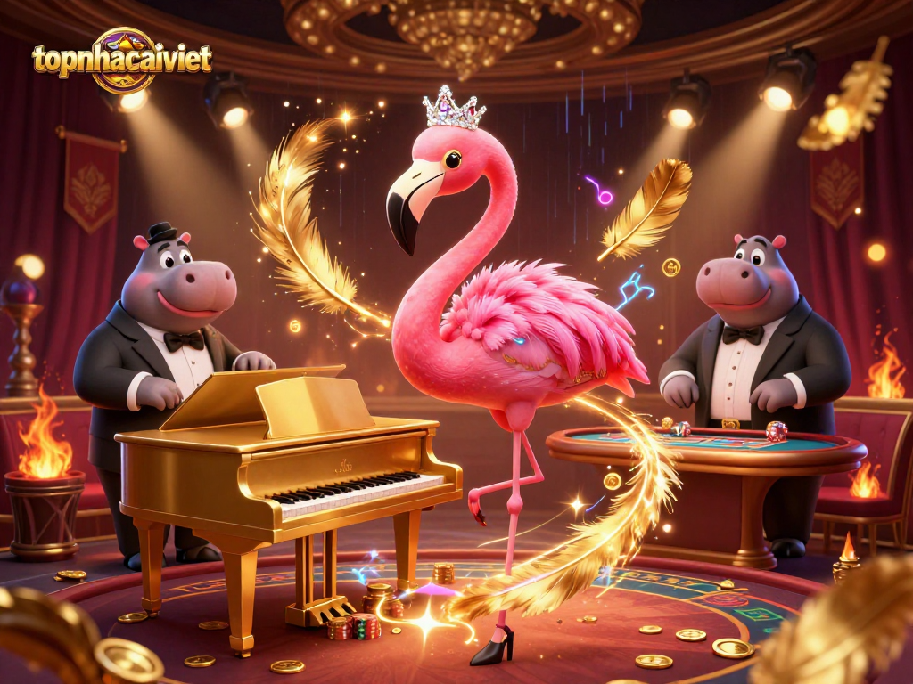 Experience topnhacaiviet excitement with a lively casino scene featuring flamingo and hippo musicians.
