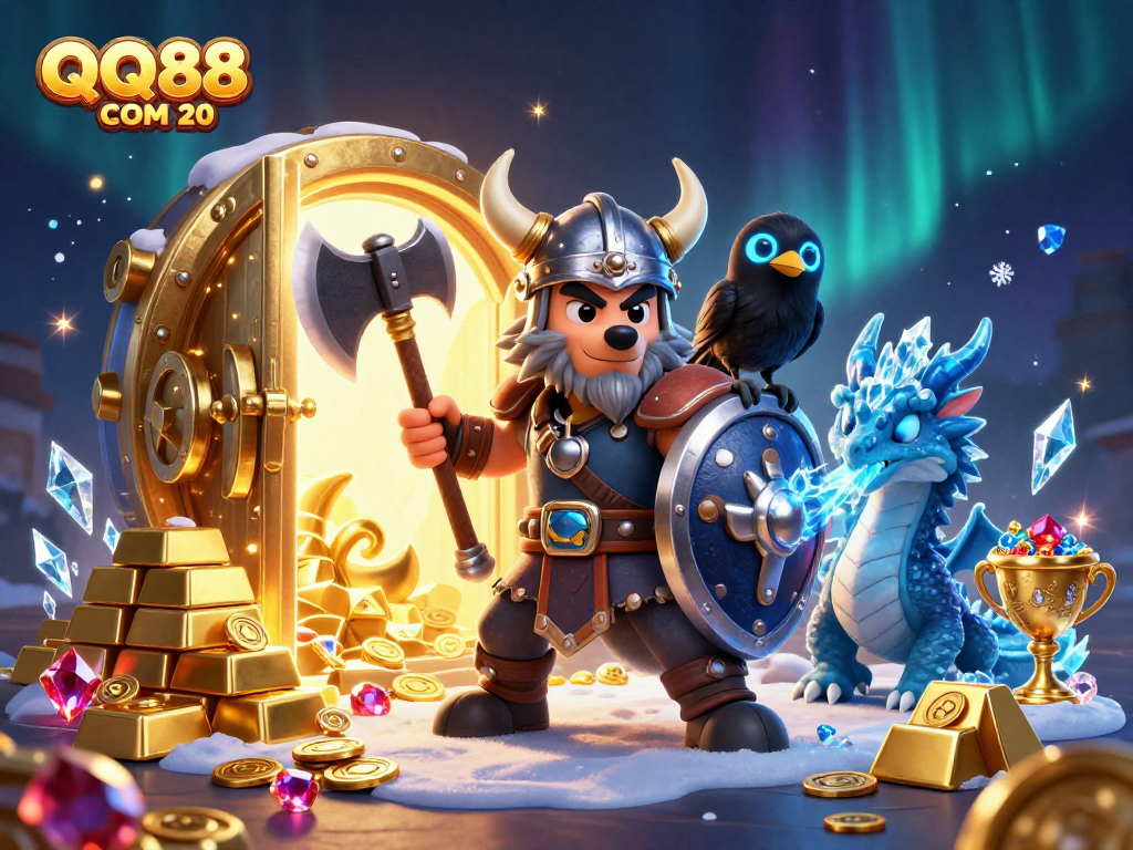 Engage with exciting gameplay at QQ88 COM 20, featuring a Viking wolf warrior and a fierce dragon in a dynamic 3D illustration.