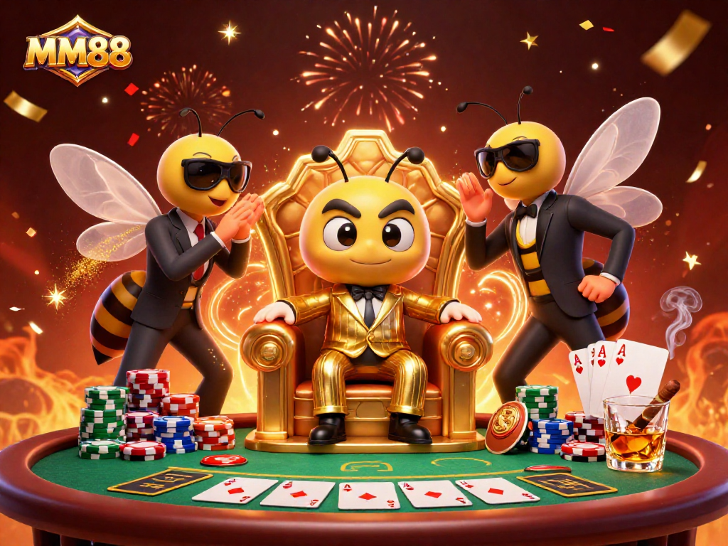 Experience thrilling gaming at MM88 with a vibrant 3D scene featuring a bumblebee mob boss and dynamic casino elements.