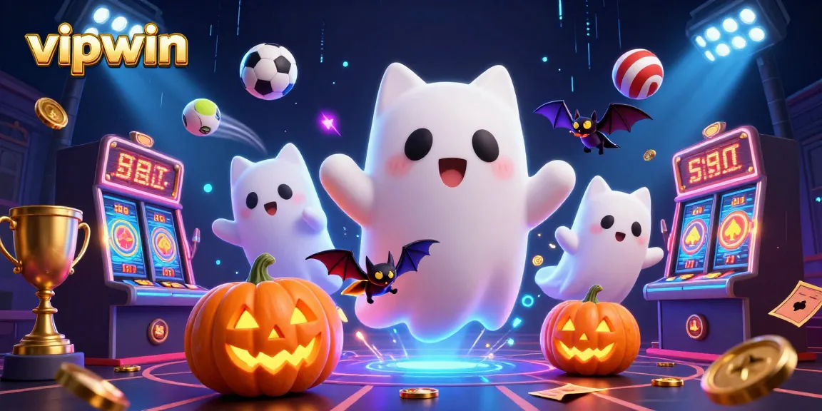Join the fun at vipwin with a ghost cat and vampire bat in an exciting haunted casino scene.
