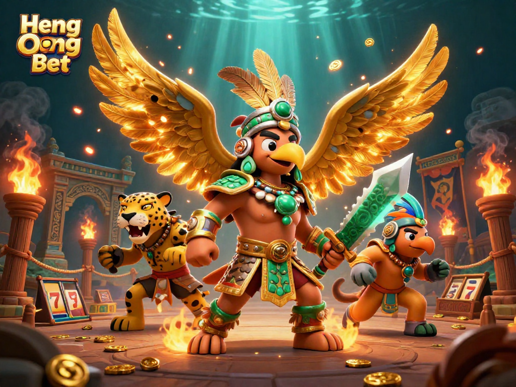 Experience thrilling gameplay at Heng Ong Bet with vibrant 3D Aztec warriors surrounded by gold coins and slots.
