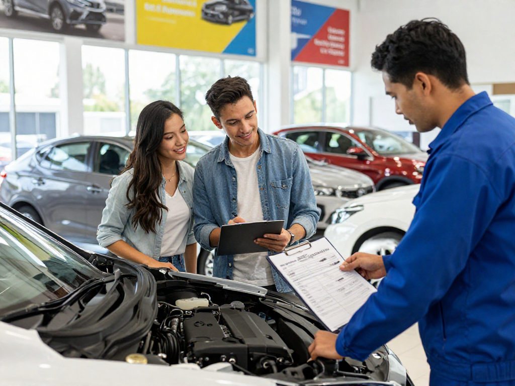 Engaged couple reviewing cheap carfax reports at a car dealership, emphasizing informed automotive purchases.