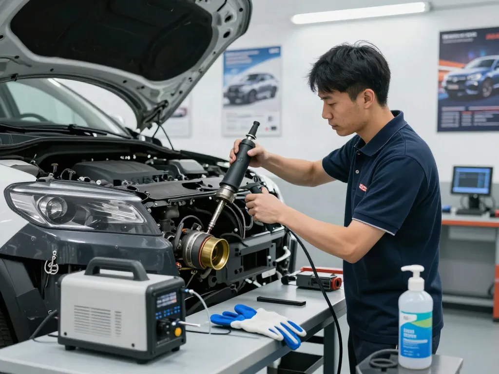 Mechaniker reinigt DPF in einer professionellen Werkstatt, DPF-Reinigung als Hauptfokus der Szene.
