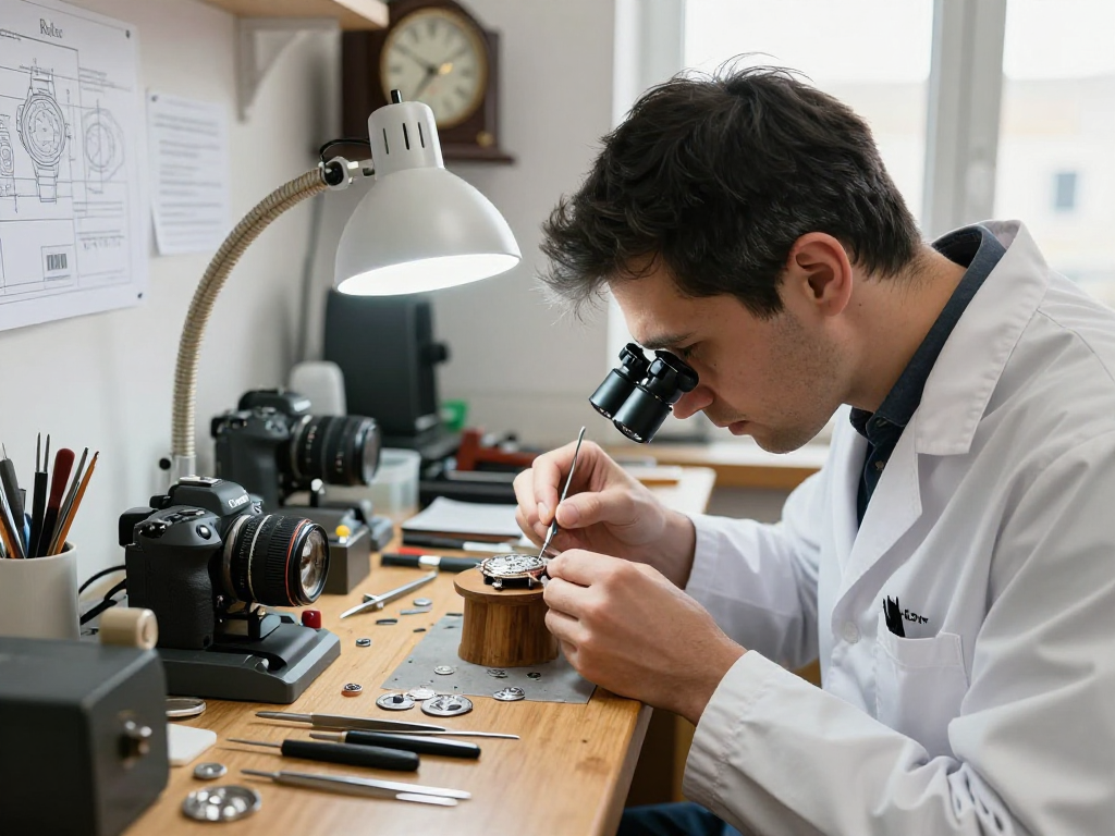 Rolex 3135 compatible movement parts meticulously arranged in a watch repair workshop, highlighting precision tools and skilled craftsmanship.