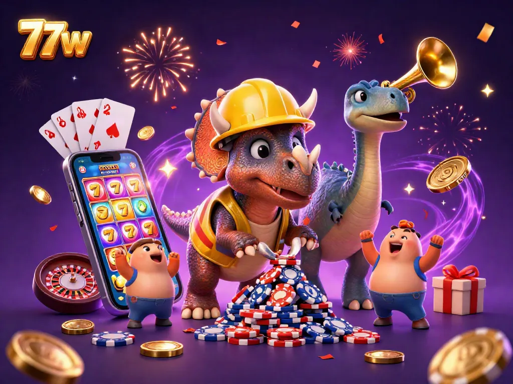 Win big with 77w in this vibrant 3D casino scene featuring animated characters celebrating gaming success.
