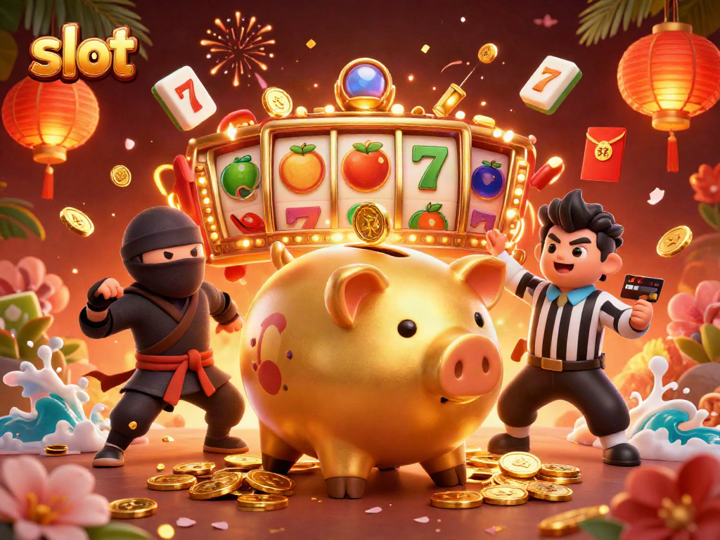 Engaging slot gameplay scene with a golden piggy bank sumo wrestler and ninja characters, showcasing interactive elements.
