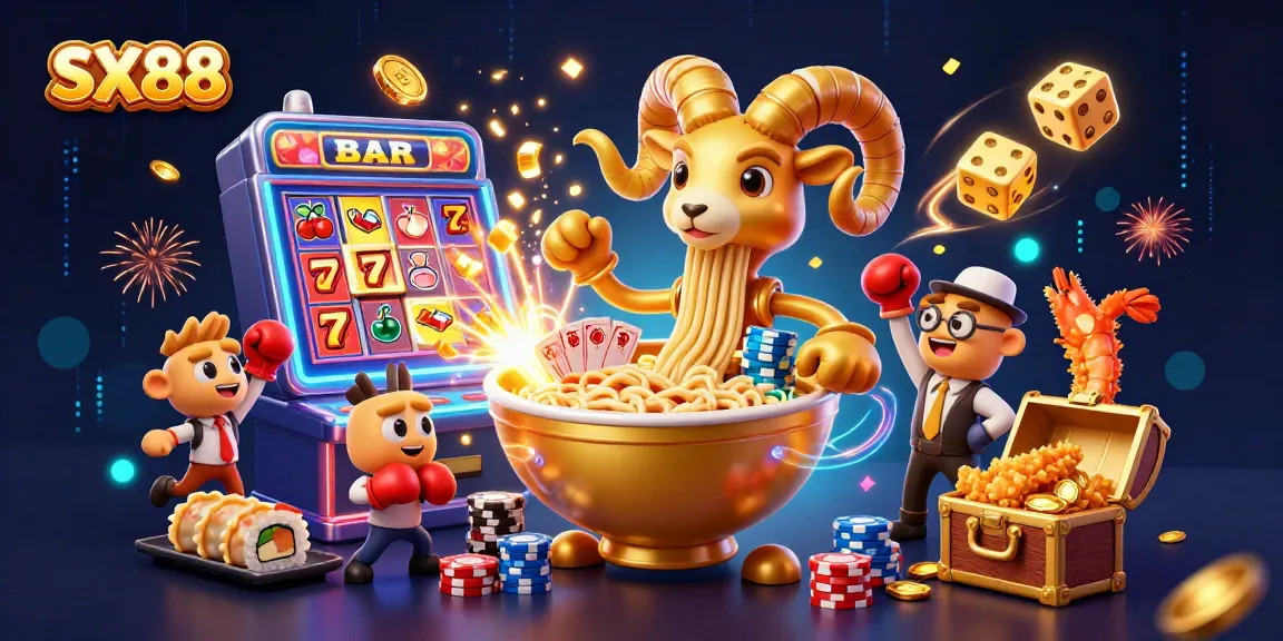 SX88's vibrant gaming scene features a golden ramen bowl character dealing cards, surrounded by jackpot symbols and lively casino elements.