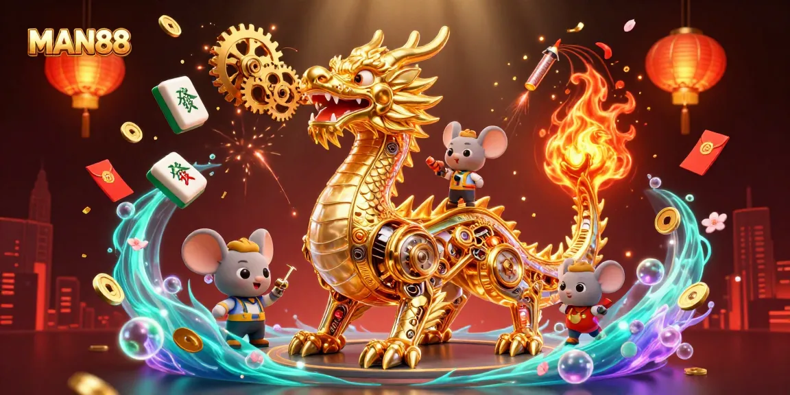 Experience the thrill of gambling with MAN88, featuring a golden dragon surrounded by Chinese gaming elements.