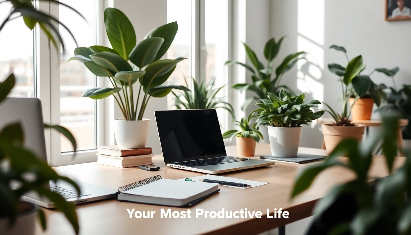 Showcasing a workspace designed for achieving Your Most Productive Life with a planner and plants.