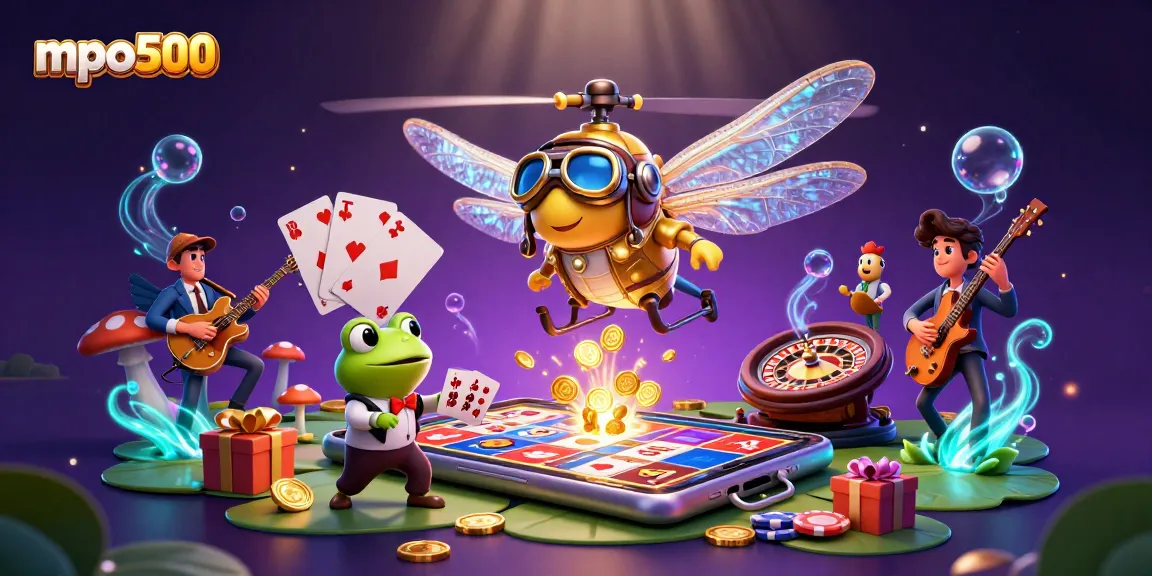 Experience the thrill of mpo500 with a vibrant casino scene featuring engaging characters and gaming elements.