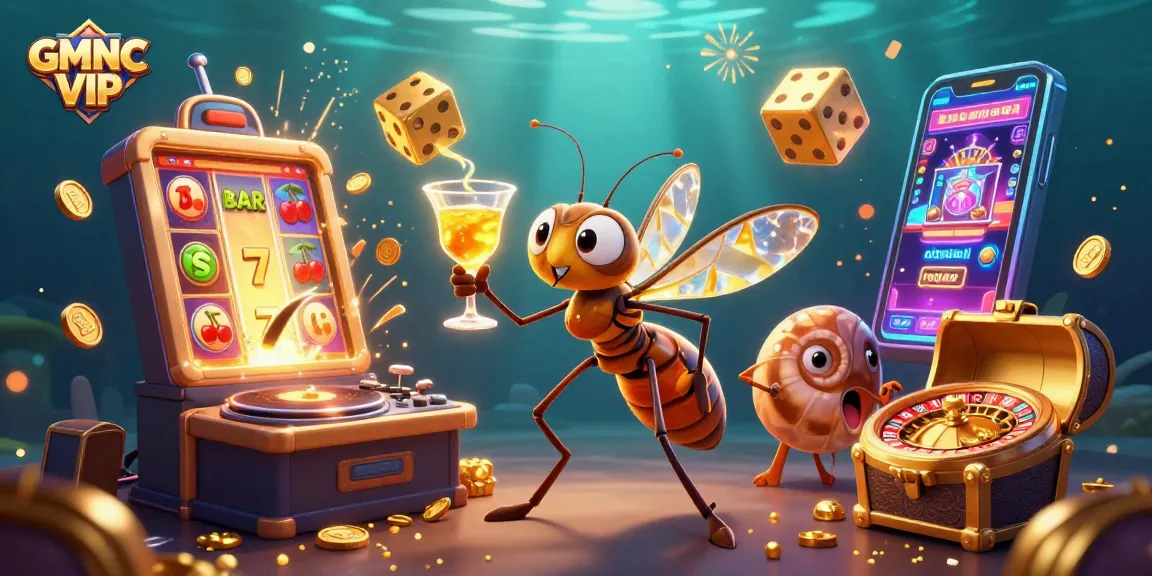 Engage with GMNC VIP through this vibrant 3D illustration showcasing a casino-themed setup featuring unique characters and gambling elements.