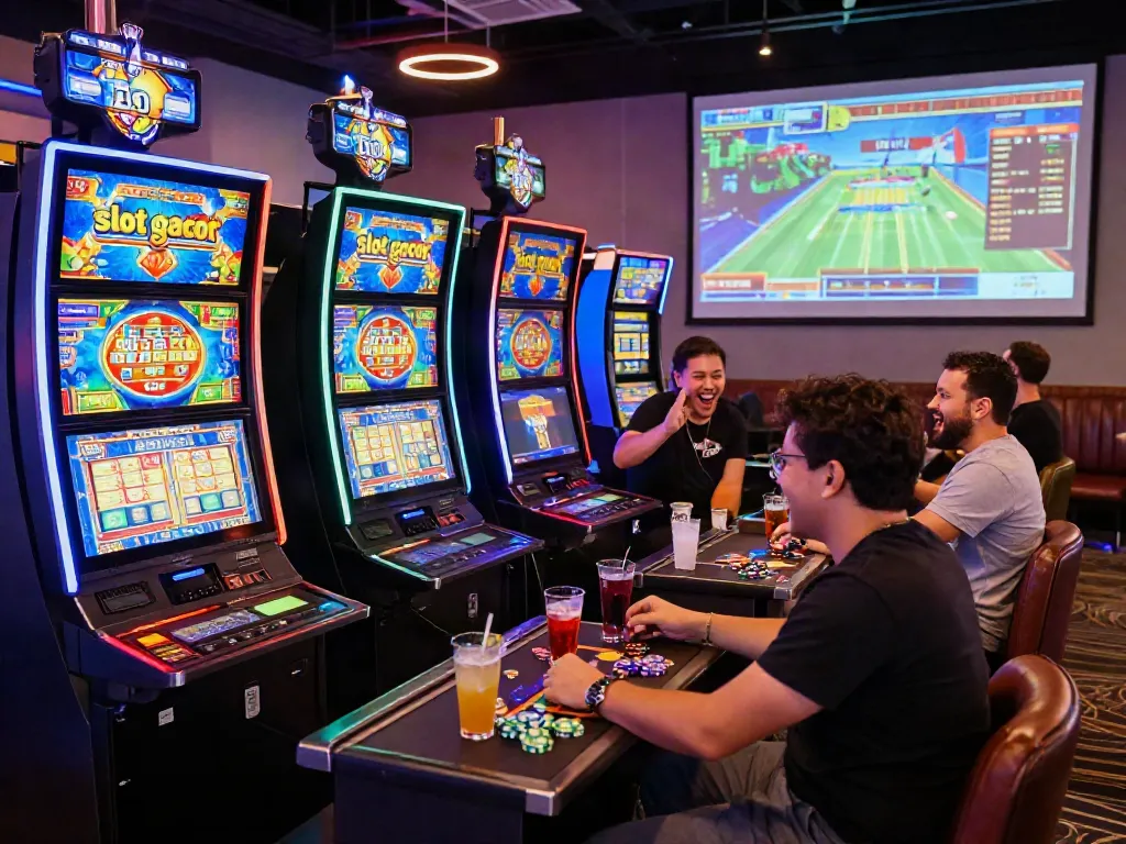 Engaging gambling scene with players around vibrant slot gacor machines