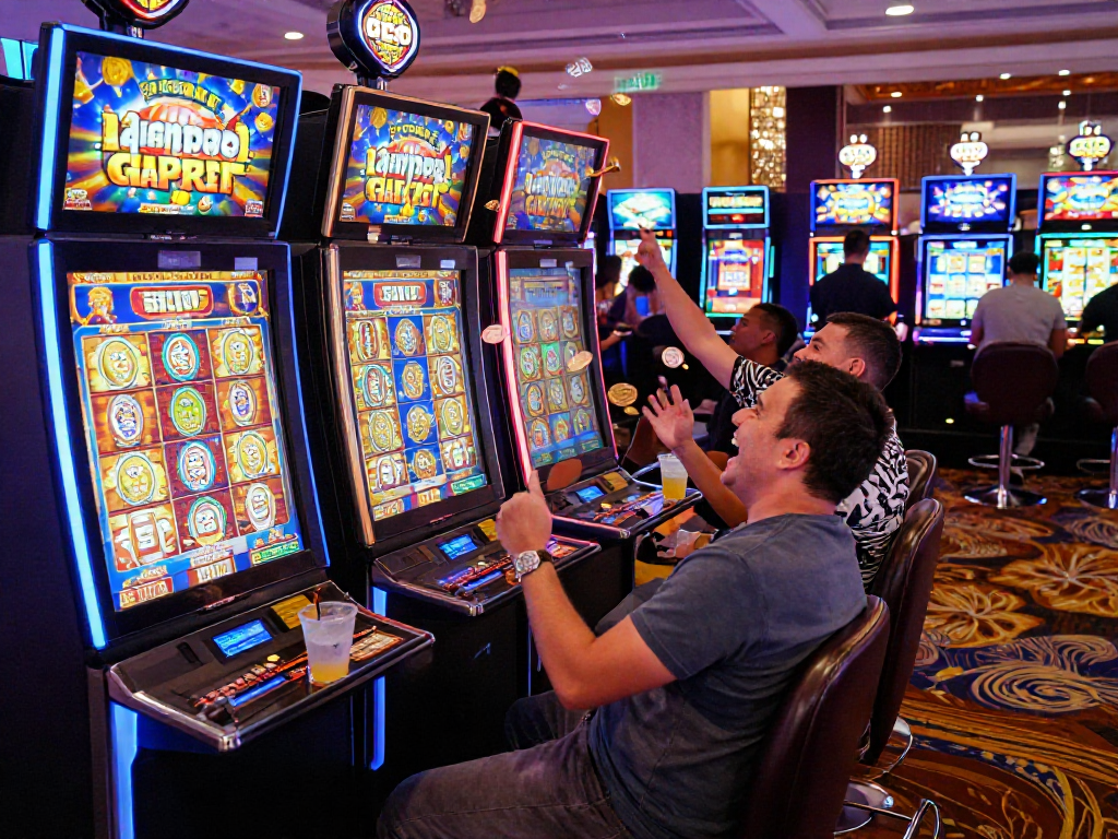 Slot gacor jackpot, pemain bahagia di area mesin slot kasino, suasana meriah dan penuh warna.