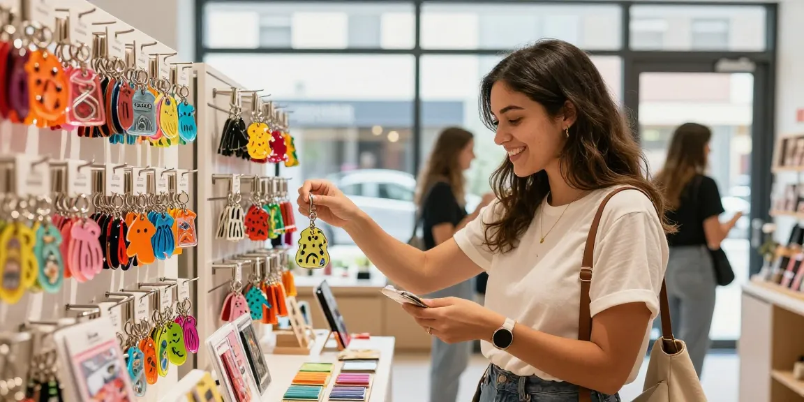 Shopper exploring personalised keychains in a bright retail environment.