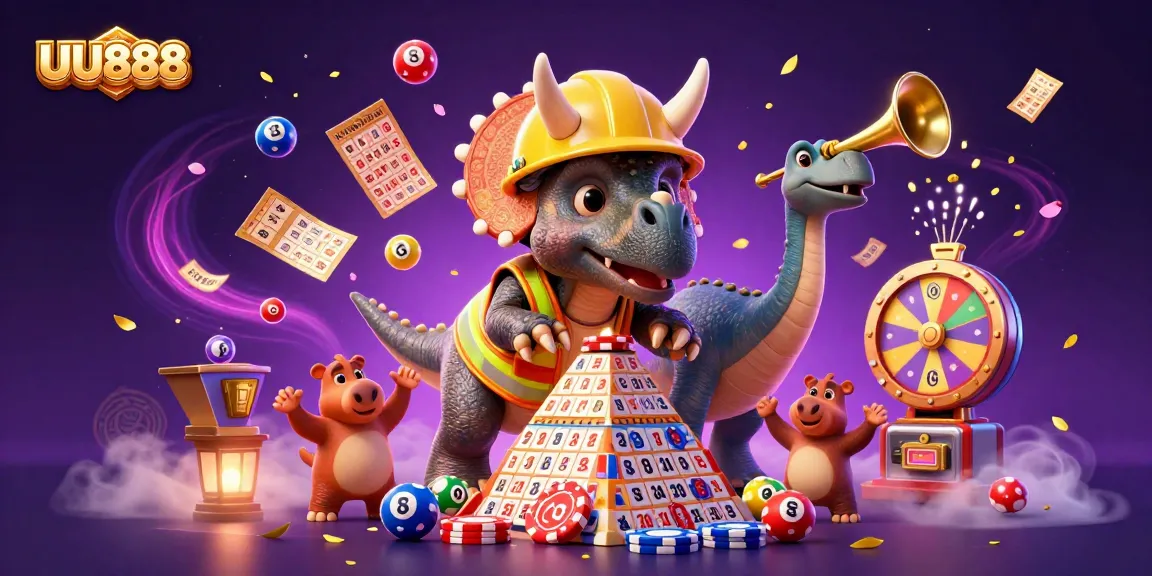 Experience winning moments at UU888 with a triceratops building poker chips amid vibrant casino elements.