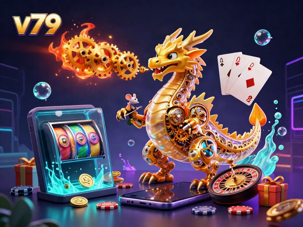 Engage with thrilling slot games at v79, alongside dynamic casino elements and a captivating golden dragon.