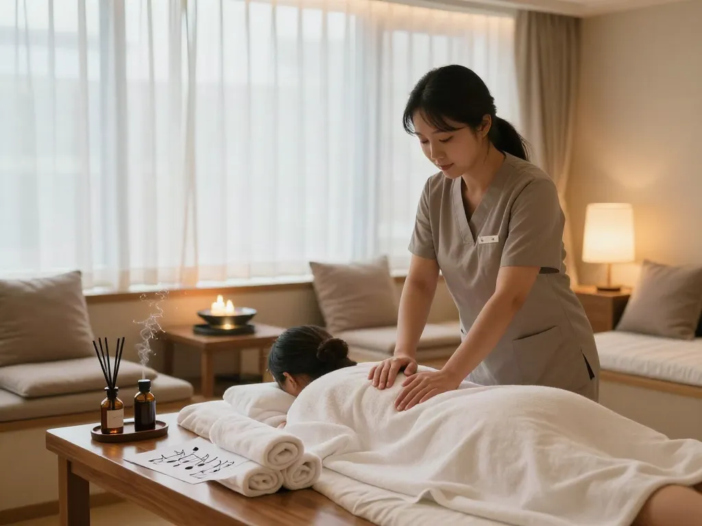 Comfortable massage therapy room ready for 강남출장안마, featuring serene atmosphere, calming lights, and aromatherapy oils.