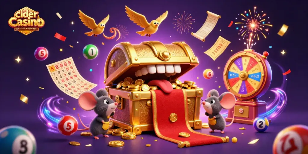 Cider casino reward code no deposit bonus with adventurous mice lured by a treasure chest in a vibrant, festive casino scene