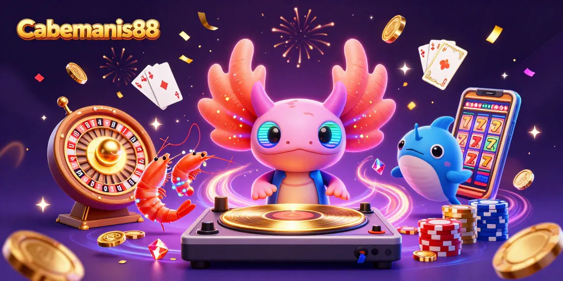 Experience thrilling gaming at Cabemanis88 with vibrant characters celebrating casino wins amidst sparkling gems and coins.