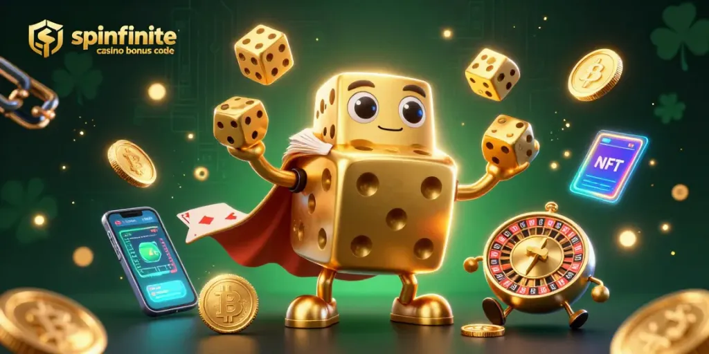 Spinfinite casino bonus code illustration showcasing a dynamic 3D scene with characters and gambling elements.