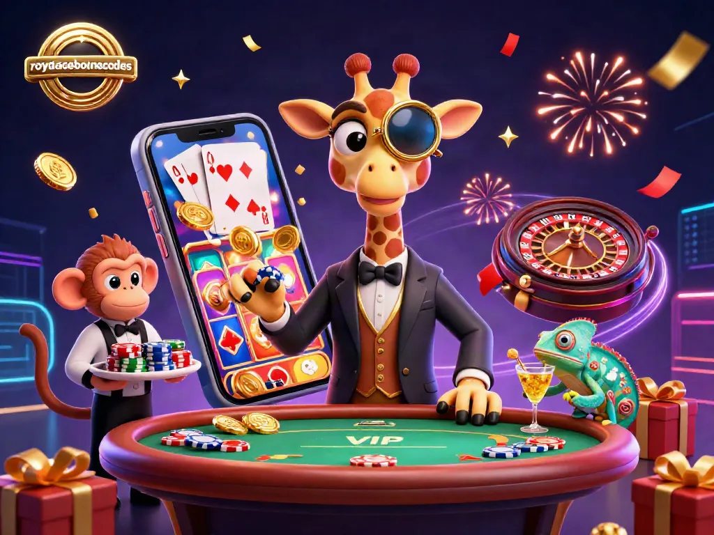 Experience the excitement of royalacebonuscodes at a vibrant casino scene with our charming characters.