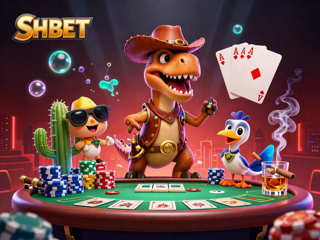 SHBET showcases an engaging poker scene with cartoon characters, vibrant casino elements, and dynamic colors.