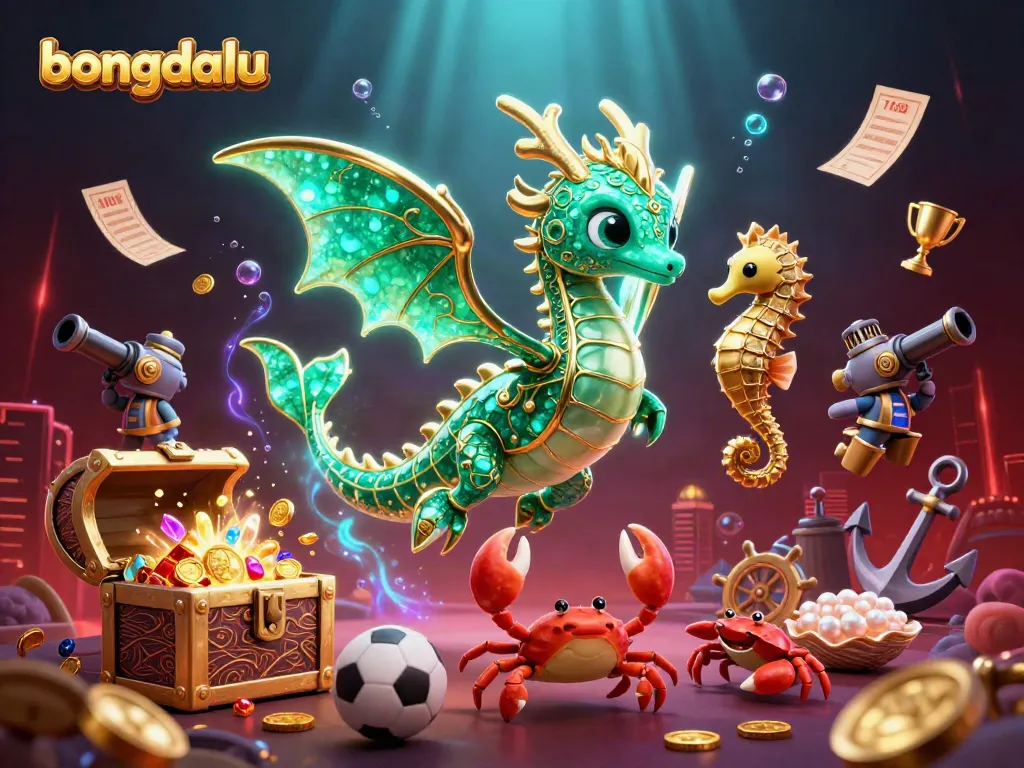 Bongdalu captures the excitement of sports betting with a dynamic 3D sea dragon scene full of treasures and game elements.