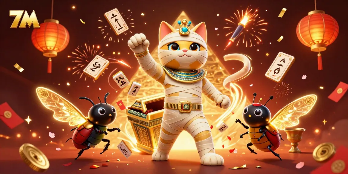 Experience exhilarating moments with 7M as the Egyptian mummy cat spins floating hieroglyph cards in a vibrant casino